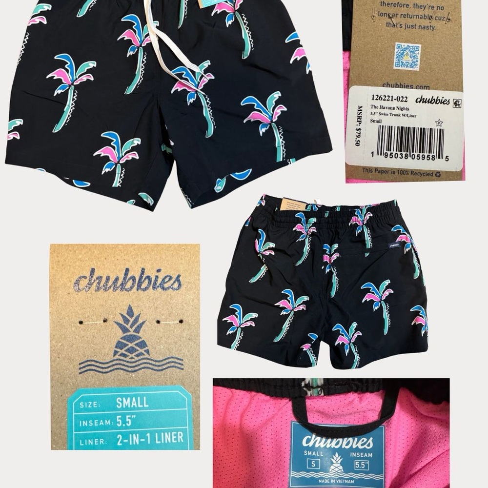 Chubbies Black and Pink Swim Trunks Tropical Vibe